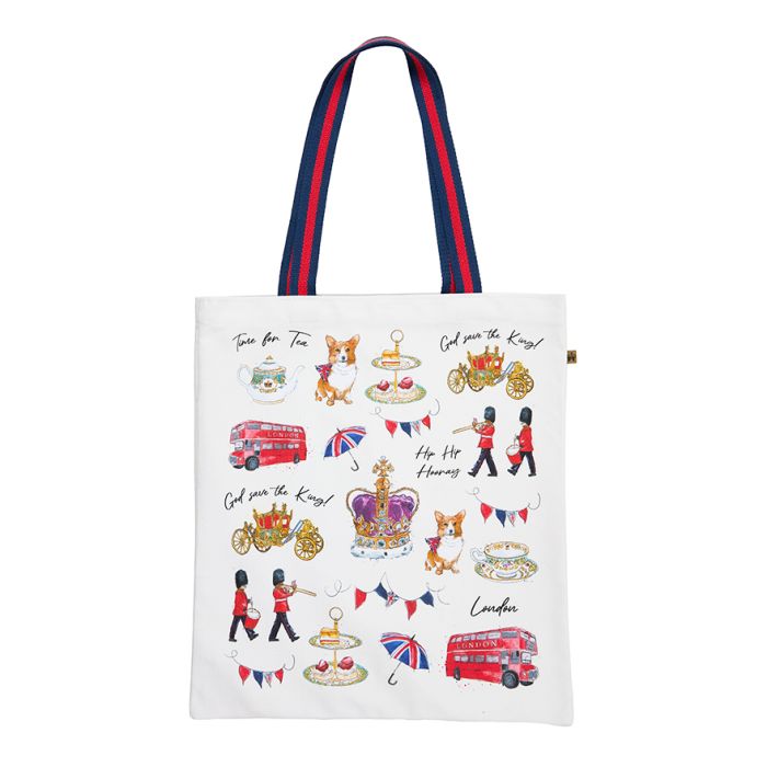 A white tote bag with printed illustrations of London icons including royal guards, a corgi dog, afternoon tea, and a red London bus. 