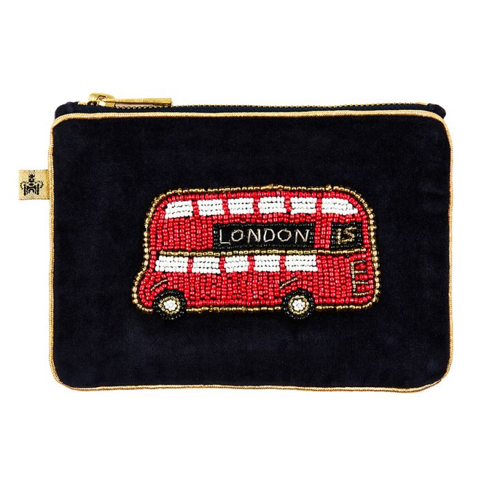 A small dark-navy zipped purse with a beaded design of a red London bus on the front.