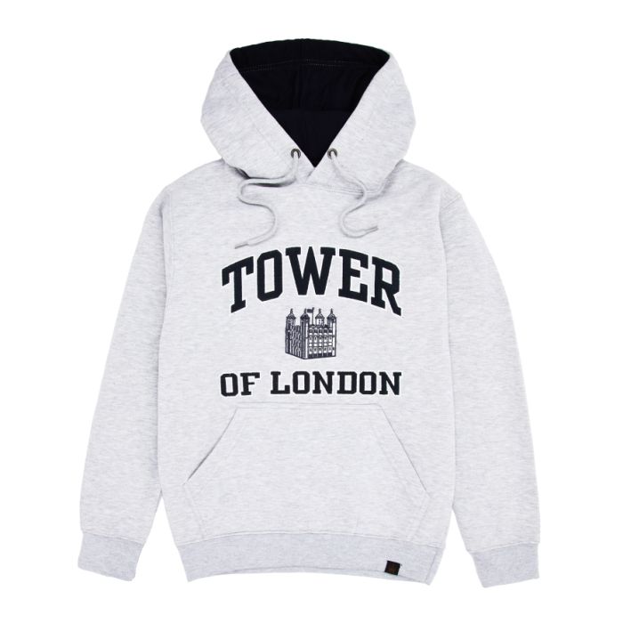 A grey long-sleeve hoodie with a chest print of the White Tower and the words, Tower of London in black. 