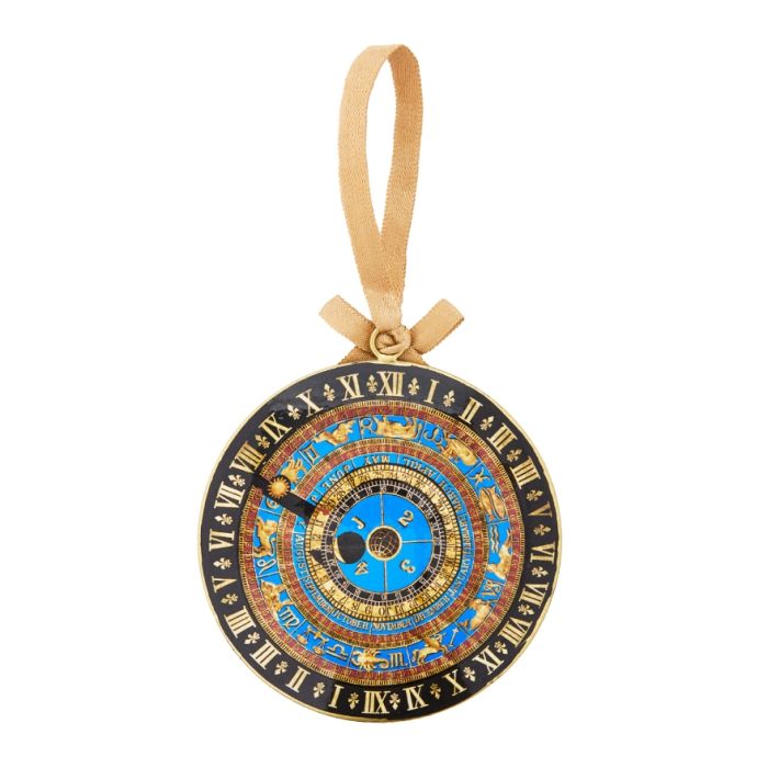 A blue, black and gold astronomical clock hanging decoration with the signs of the Zodiac and a gold ribbon. 