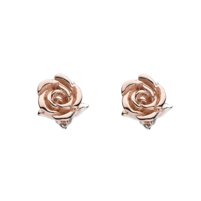 A pair of silver stud earrings plated in rose gold in the shape of a rose