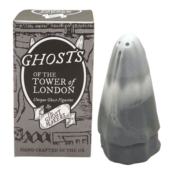 Handcrafted grey ghost figurine beside a box reading: Ghosts of the Tower of London.