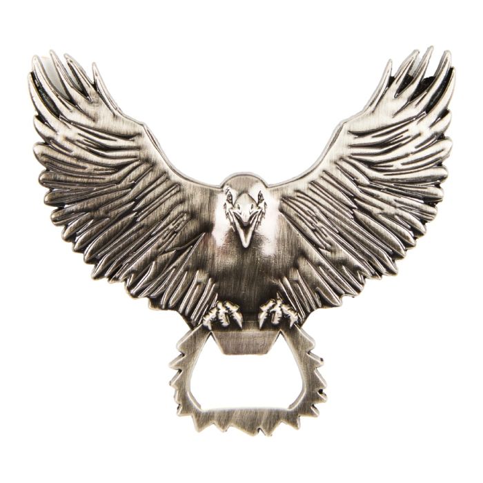 a metal bottle opener in the shape of a raven with its wings spread open and its claws clutching the bottle opener section.