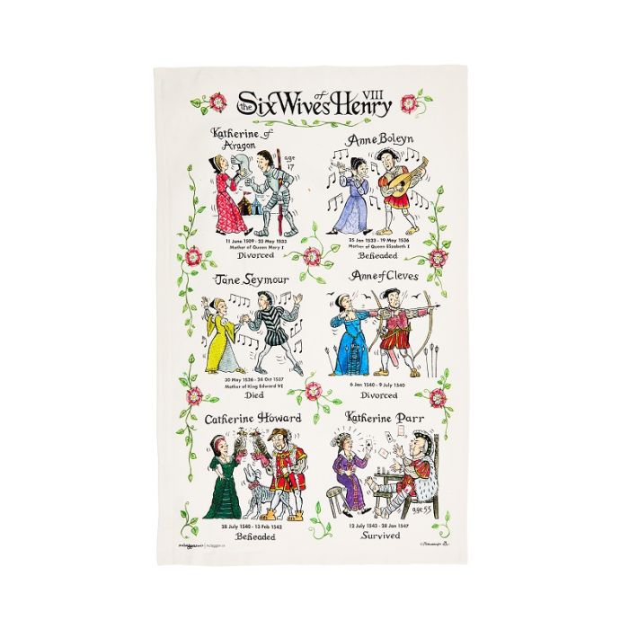 White tea towel with colourful illustrations of King Henry VIII and his six wives