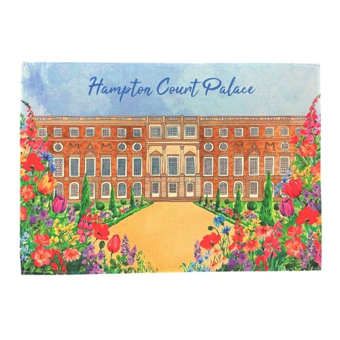 A bright, illustrated tea towel with a design of Hampton Court Palace's South Front with the gardens in the foreground filled with colourful flowers.
