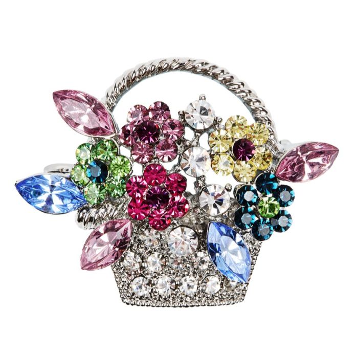 Silver tone basket brooch decorated with multicoloured crystal flowers.