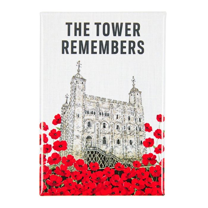 A rectangular magnet with an illustrated print of the White Tower at the Tower of London with bright-red poppies in front. The accompanying text reads, The Tower Remembers. 