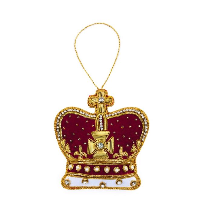 Red velvet and gold embroidered fabric crown hanging decoration