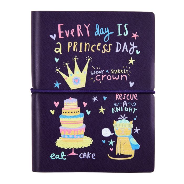 The purple cover of a children's notebook with a colourful illustrated print of a crown, large tiered cake and a cat. The words say, Everyday is a princess day, wear a sparkly crown, rescue a knight, eat cake. 