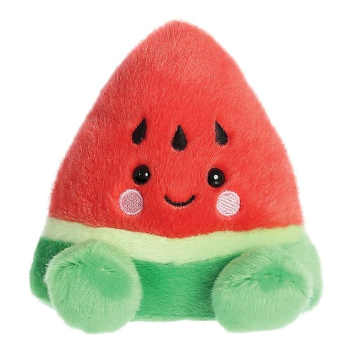 A plush toy in the shape of a triangular slice of watermelon. In red and green, it has a smiley face and two plush feet. With an embroidered smile and  black bead eyes.