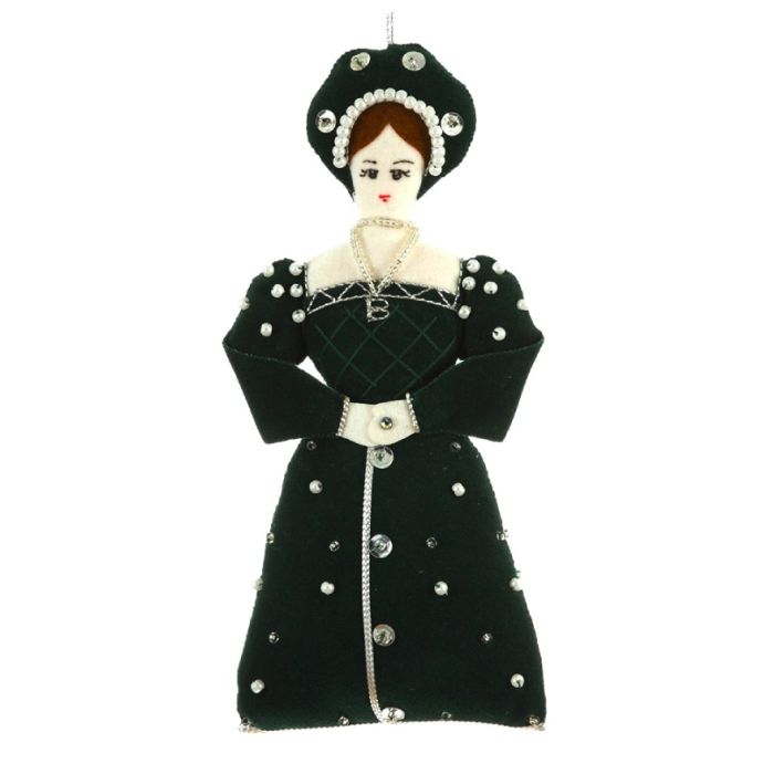 A plush material hanging decoration in the shape of Anne Boleyn wearing a green hat and long green dress decorated with beads and sequins. 