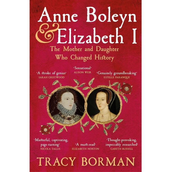 A red cover with two painted images of Elizabeth I and Anne Boleyn bordered by entwined branches with Tudor rose flowers