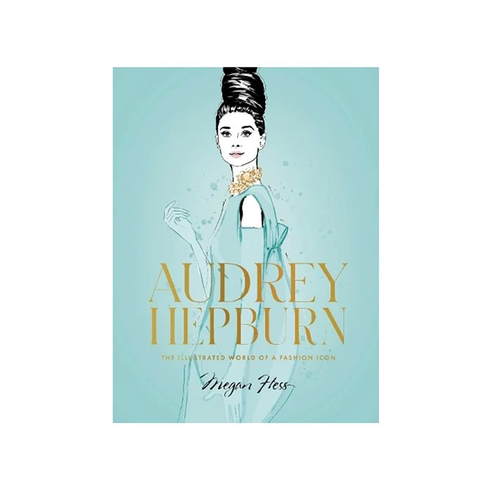 Illustrated book cover of Audrey Hepburn in an elegant dress with gold lettering on a turquoise background.