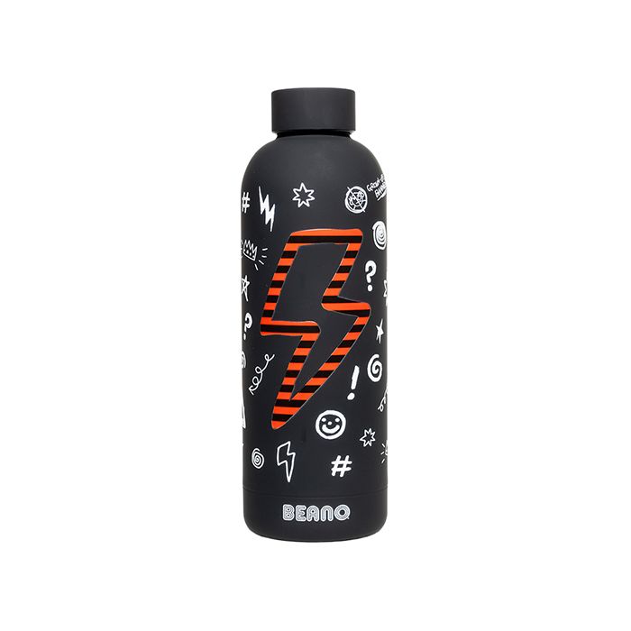 A black Beano water bottle with a screw cap featuring white doodles all over and a red and black striped lighting bolt. 