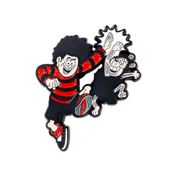 A black and red pin badge of Dennis the Menace and Gnasher high fiving. 
