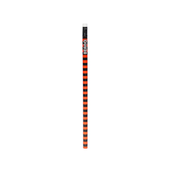 A striped red and black pencil, with a rubber and with Beano written on one end. 