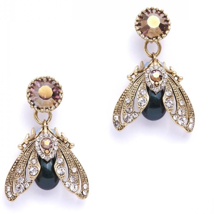 A pair of jewelled moth earrings featuring gold plated wings and coloured crystals