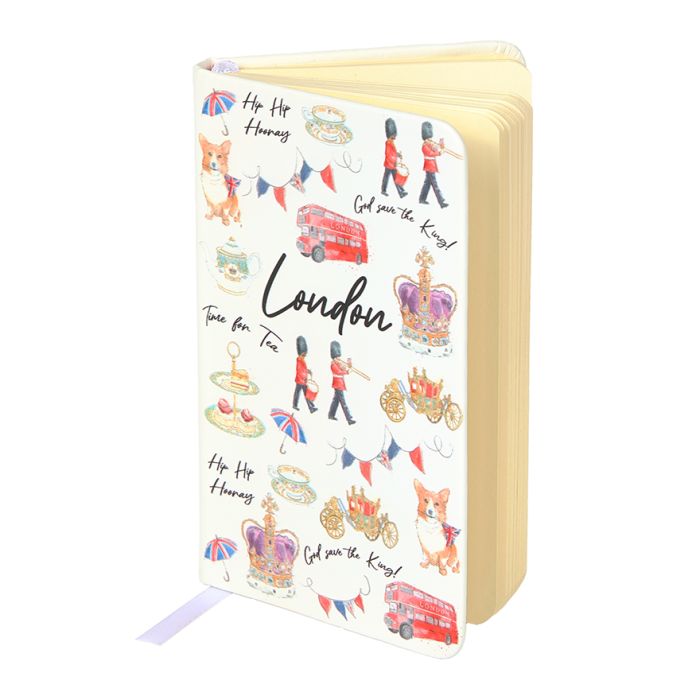 Celebrating London A6 Notepad with illustrated London sights on it including double-decker buses, corgi dogs and royal guards, 
