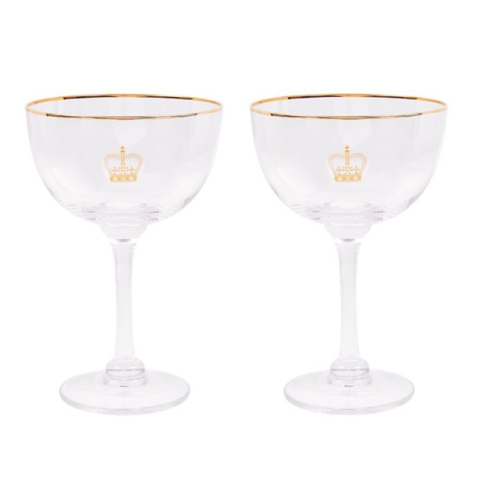 Two champagne saucers with gold crowns printed 