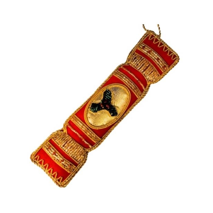Christmas Cracker Hanging Decoration - A red cracker trimmed with gold thread and a holly in the centre.
