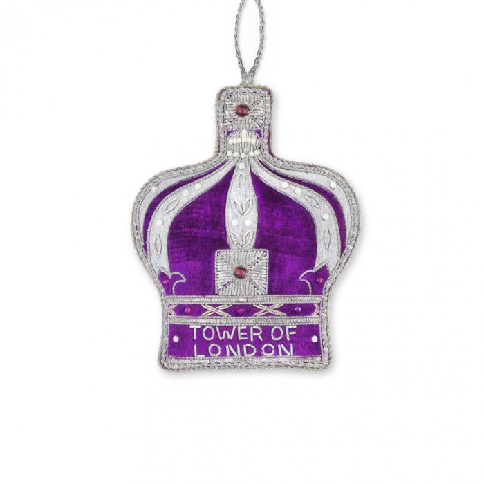 A fabric Crown of India hanging decoration with 'Tower of London' embroidered in silver thread.