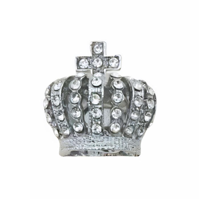 A 3D silver-coloured fridge magnet in the shape of a crown. It is embellished with white gemstones. 