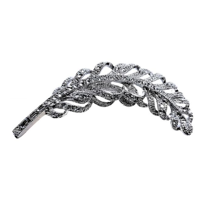 A 3D rhodium crystal brooch in the shape of a feather