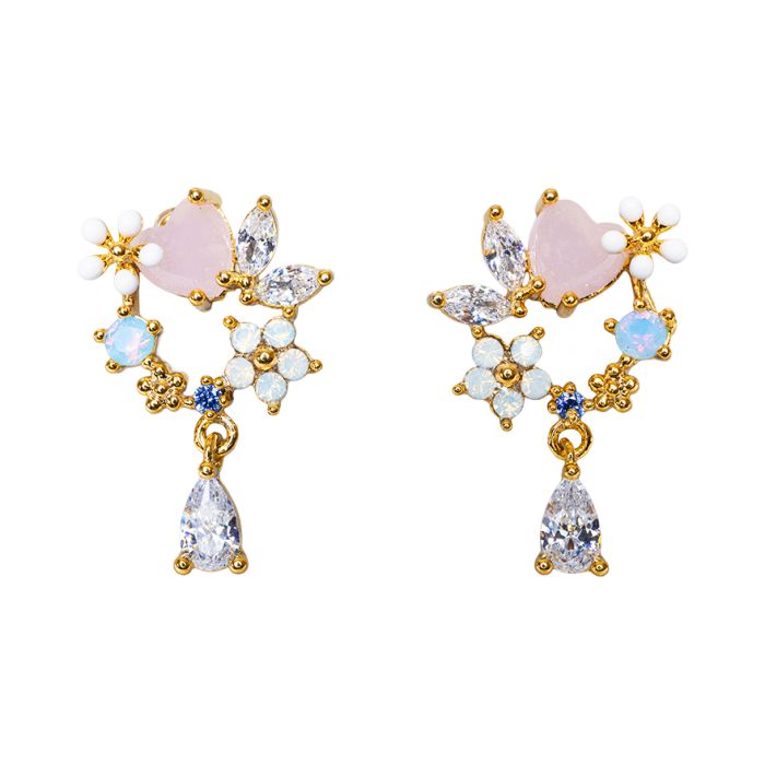 Floral cluster drop earrings with mixed pastel gemstones and crystal accents.