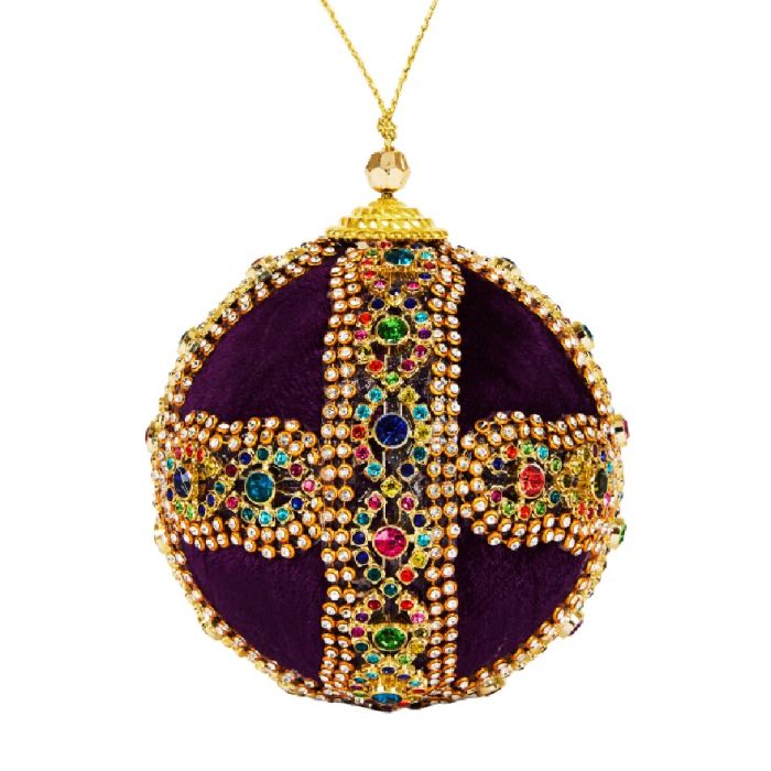 Purple velvet Christmas bauble decorated with multicoloured gems and golden beads