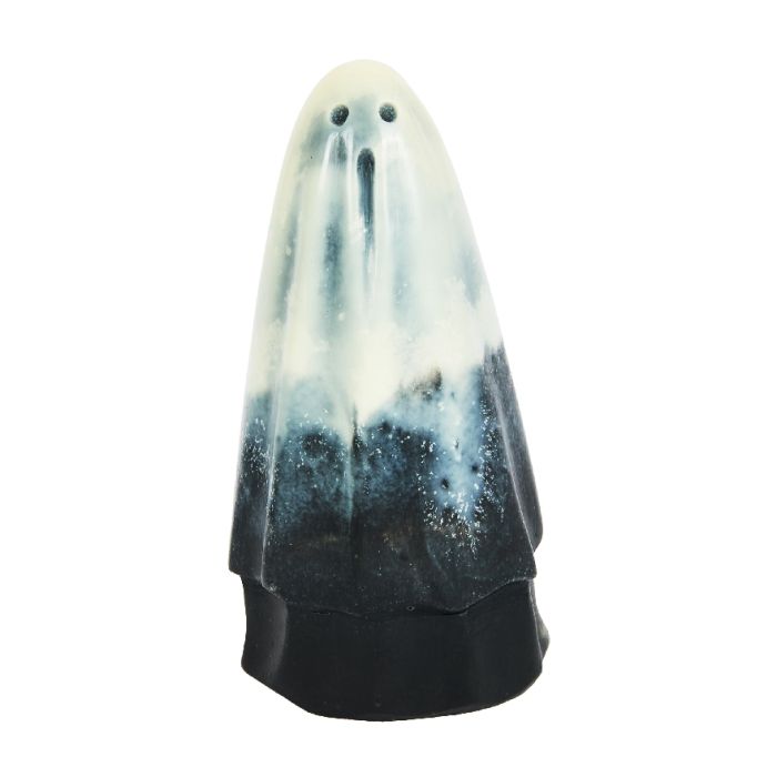 Handmade ceramic ghost ornament with a black and white gradient finish and two small eye cut outs.