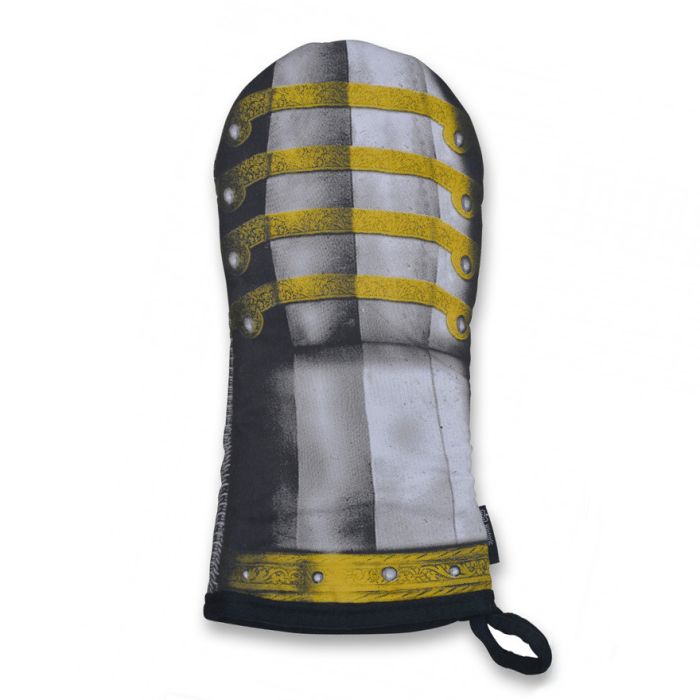 An oven glove with a printed design resembling Henry VIII's gauntlet armour.
