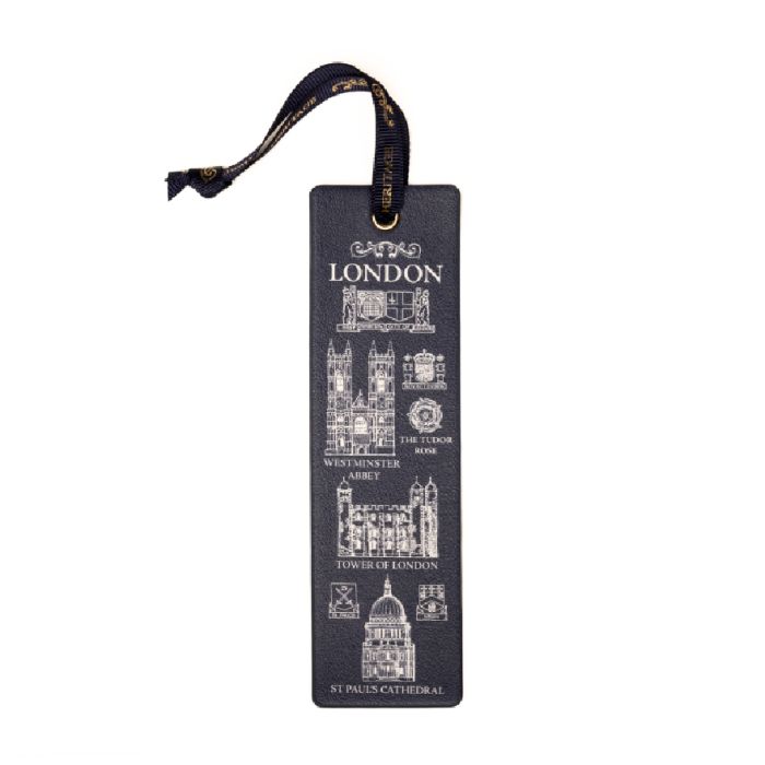 Blue bookmark with London sights imbedded in white and a ribbon through the top with the heritage in gold writing.
