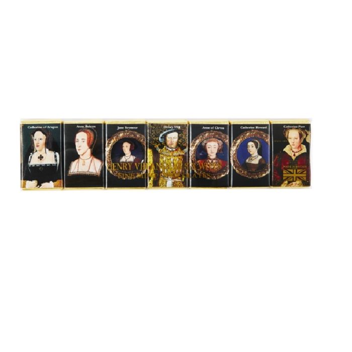 A set of seven, individually wrapped Henry VIII and six wives mint and dark chocolate slims