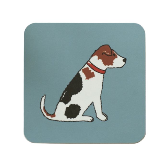 Illustrated coaster showing a sitting dog with brown, black, and white patches wearing a red collar on a blue background.