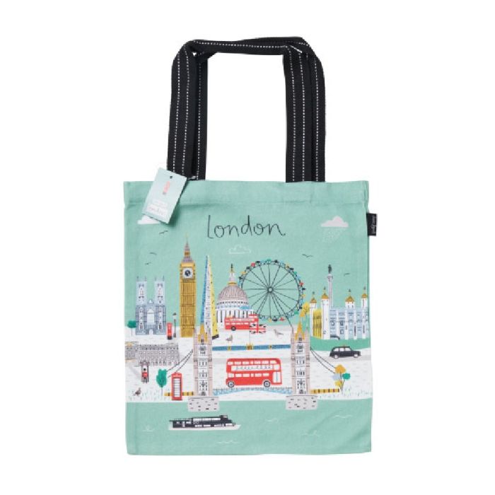 Mint green London tote bag with illustrated landmarks including Big Ben, Tower Bridge, red buses, and the London Eye.