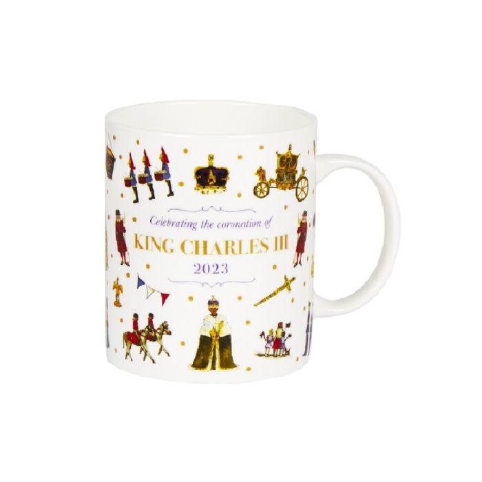White mug with colourful illustrations of London icons and the words 'Celebrating the Coronation of King Charles III 2023' printed 
