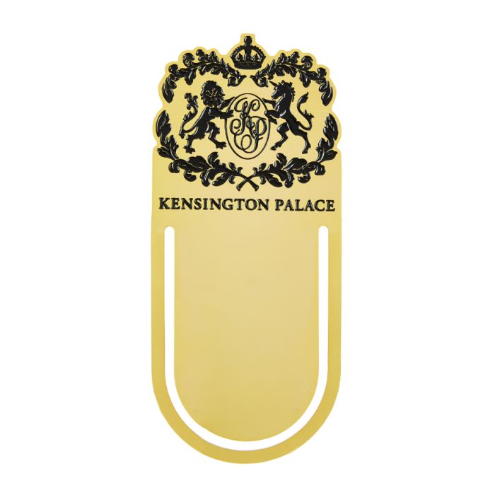 A gold metal bookmark with the Kensington Palace crest, with a lion and a unicorn, at the top in black. The bookmark has a slit so it can slide over a page.