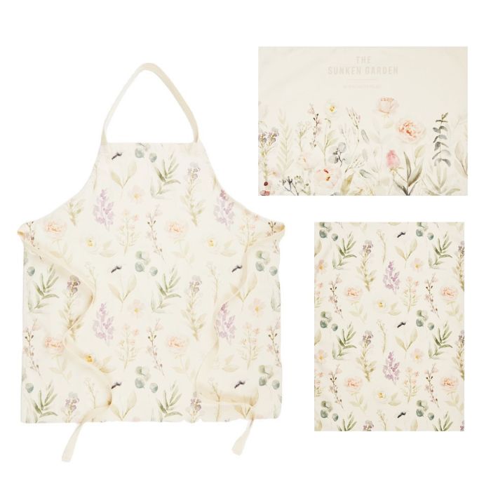 Apron and two tea towels in pastel floral design