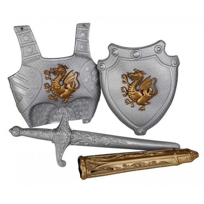 
A child's plastic sword, sheath, shield and breastplate. A grey design with a gold dragon in the centre 

