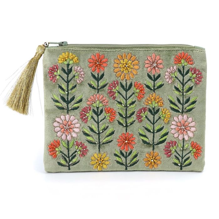Green velvet embroidered purse with floral pattern, beaded details and zip closure