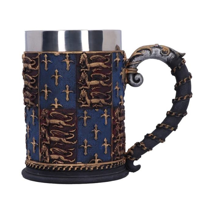 A blue, red, and gold coloured tankard featuring the medieval royal arms  