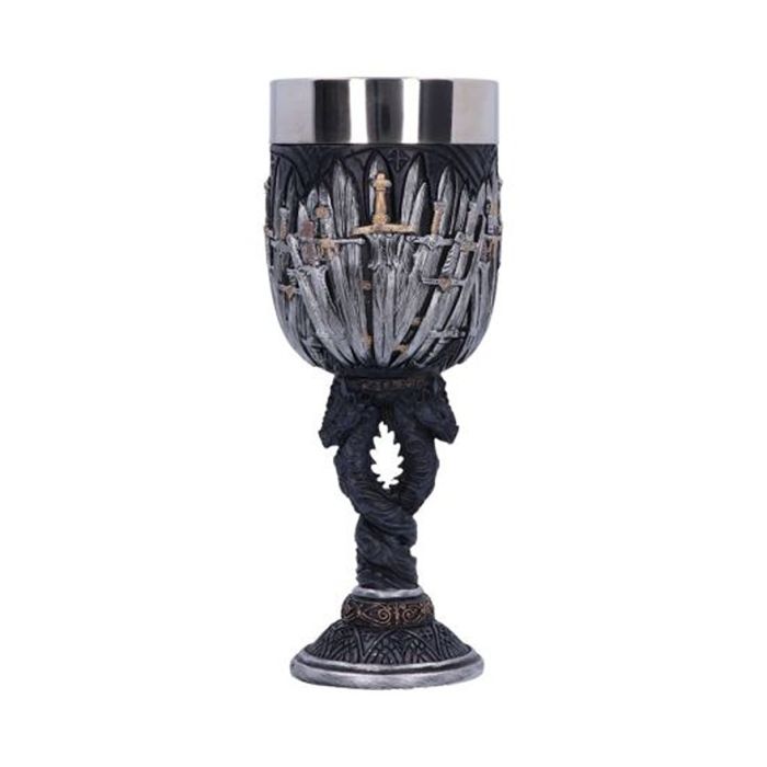 A black, gothic themed goblet featuring swords on the cup and two entwined dragons form the handle