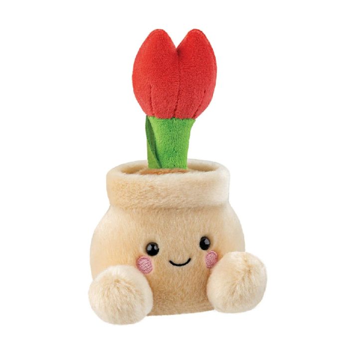 A cute plush toy shaped like a smiling beige flower pot with rosy cheeks, holding a red tulip with a green stem sticking out of the top.