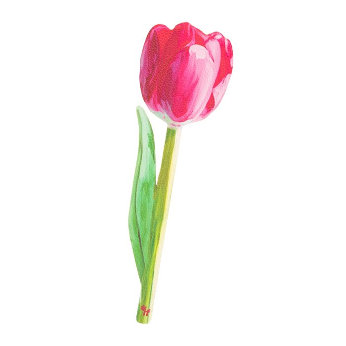 A painted bookmark in the shape of a pink tulip with green stalk. 