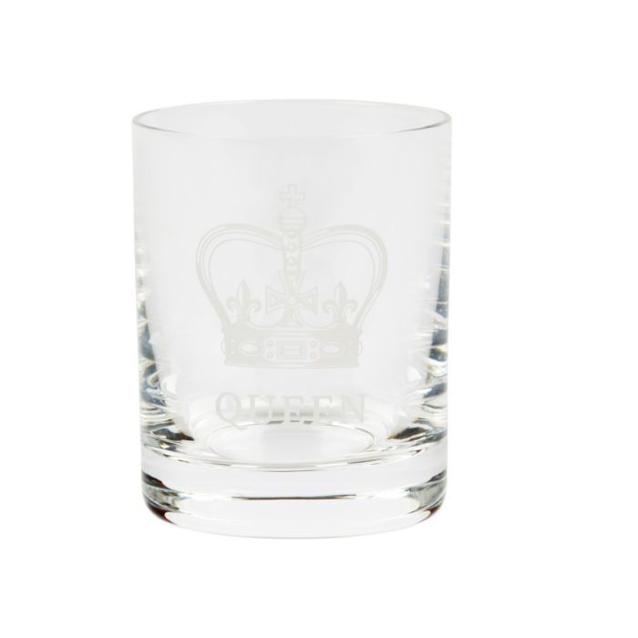 Crown Queen Tot Glass - A tot glass with a white crown and the word 'Queen' engraved underneath. 