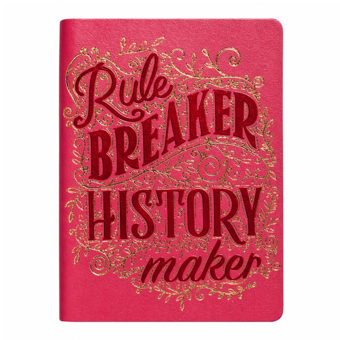 A bright pink mini notebook with foil text reading Rule Breaker, History Maker.