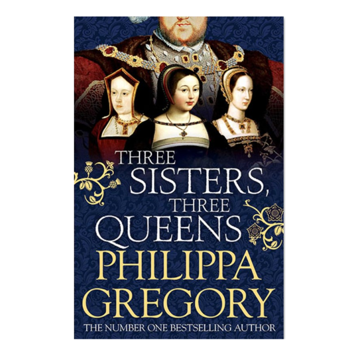 Blue book cover with white and gold text, displaying busts of Henry VIII, Katherine of Aragon,  Margaret Tudor & Mary Tudor