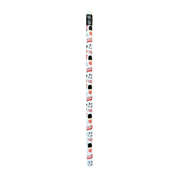 A white pencil with illustrated cartoons of London icons including a red double decker bus, royal guard and Union Jack. 