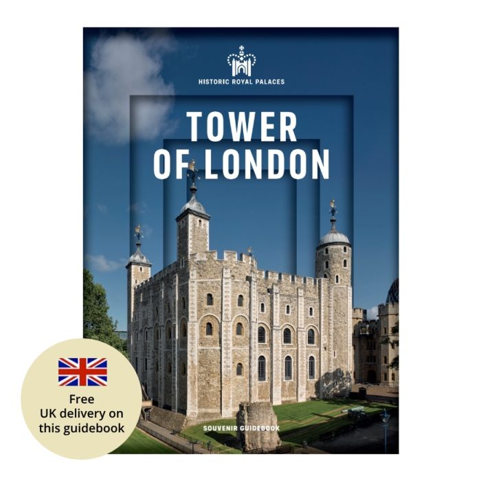 The cover of a Tower of London guidebook with a photo of the White Tower with a blue sky behind. The title says Tower of London. There is a roundel offer that reads, free UK delivery on this guidebook. 