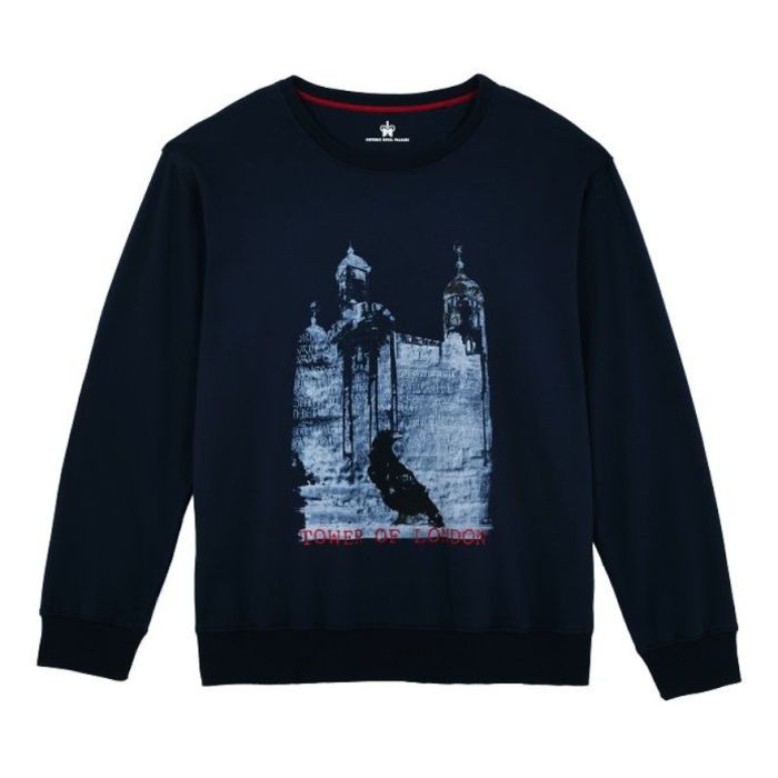 A dark navy sweatshirt with long sleeves and a round neck. With a chest print of a raven and the White Tower. It features graffiti from inside the Tower of London laid over the graphic. 
At the bottom, there is red text that reads Tower of London. 